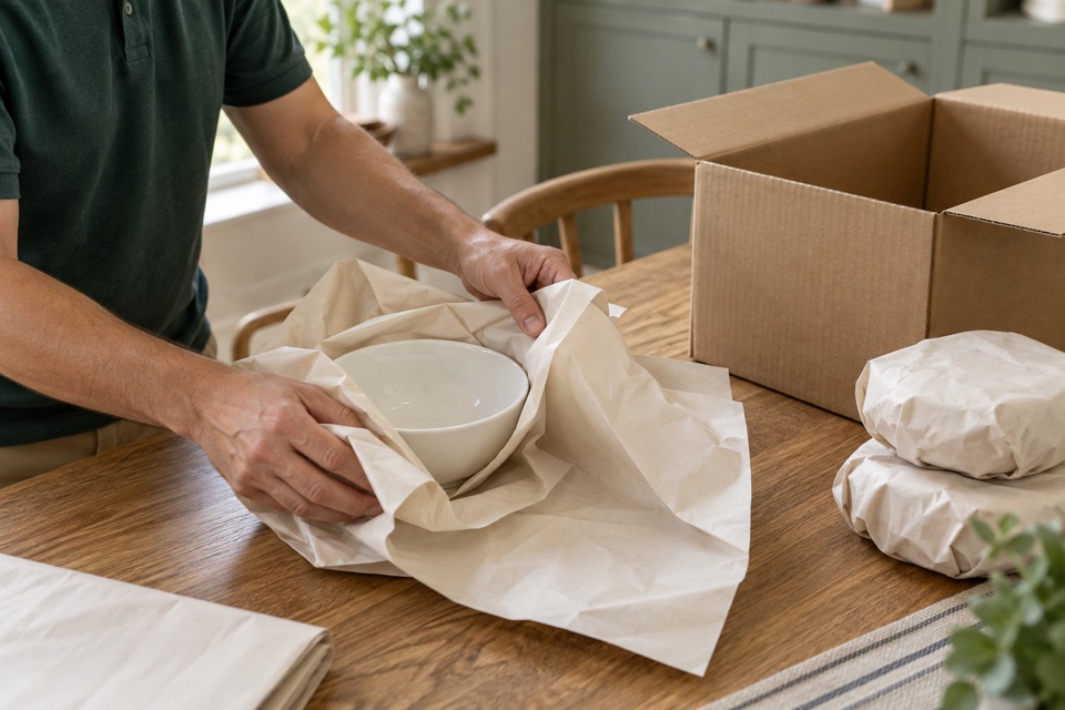 Illustrative close-up of hands wrapping a ceramic piece in packing paper