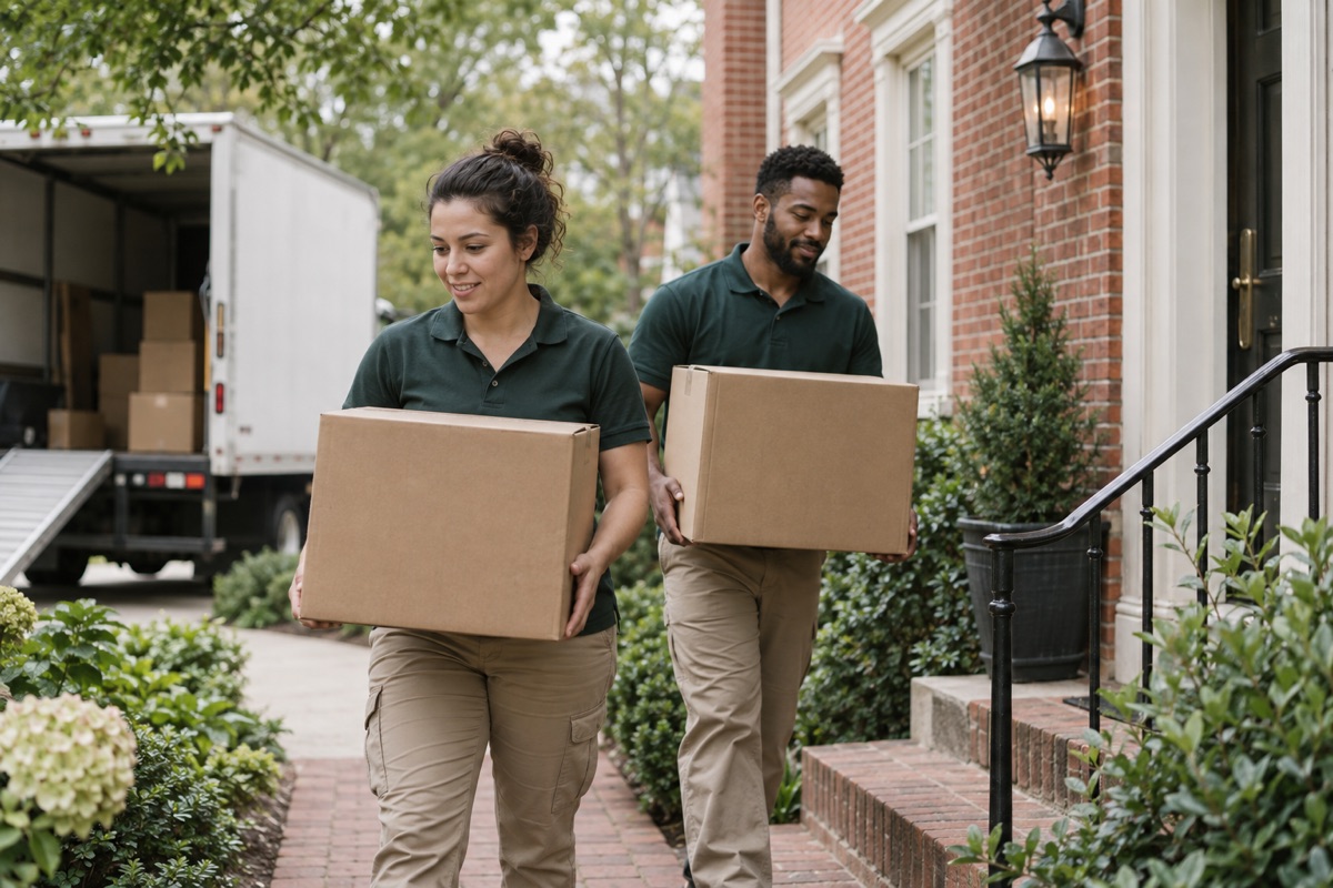 Illustrative scene of two movers carrying boxes beside a brick home