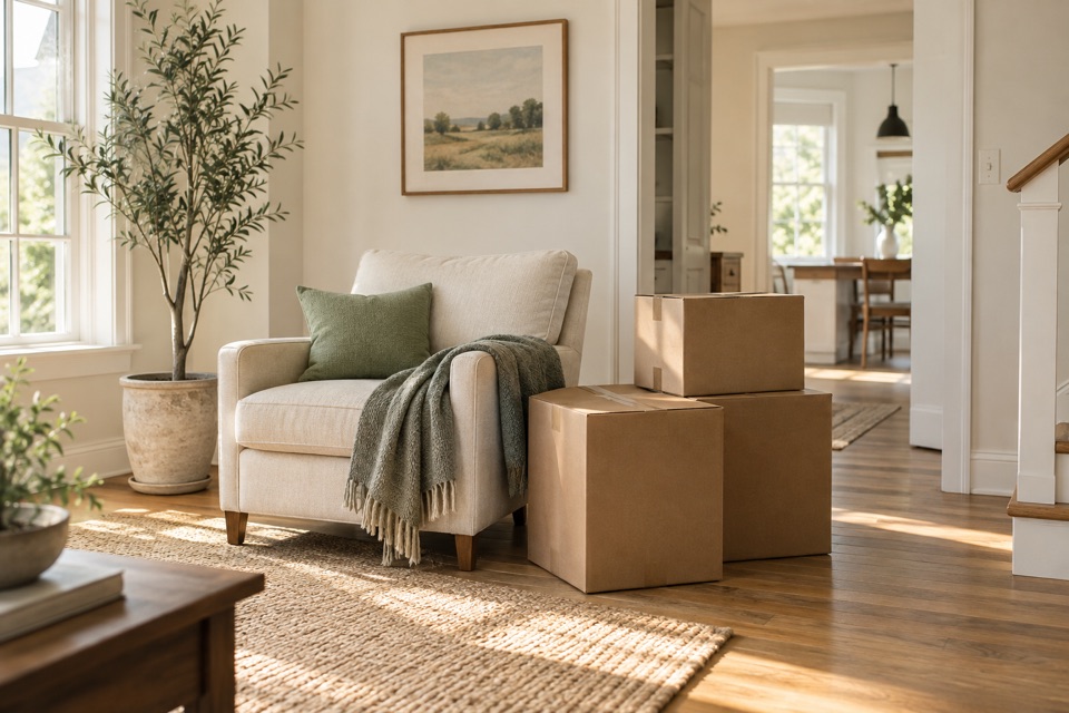 Illustrative sunlit room with moving boxes and a leafy plant by the doorway